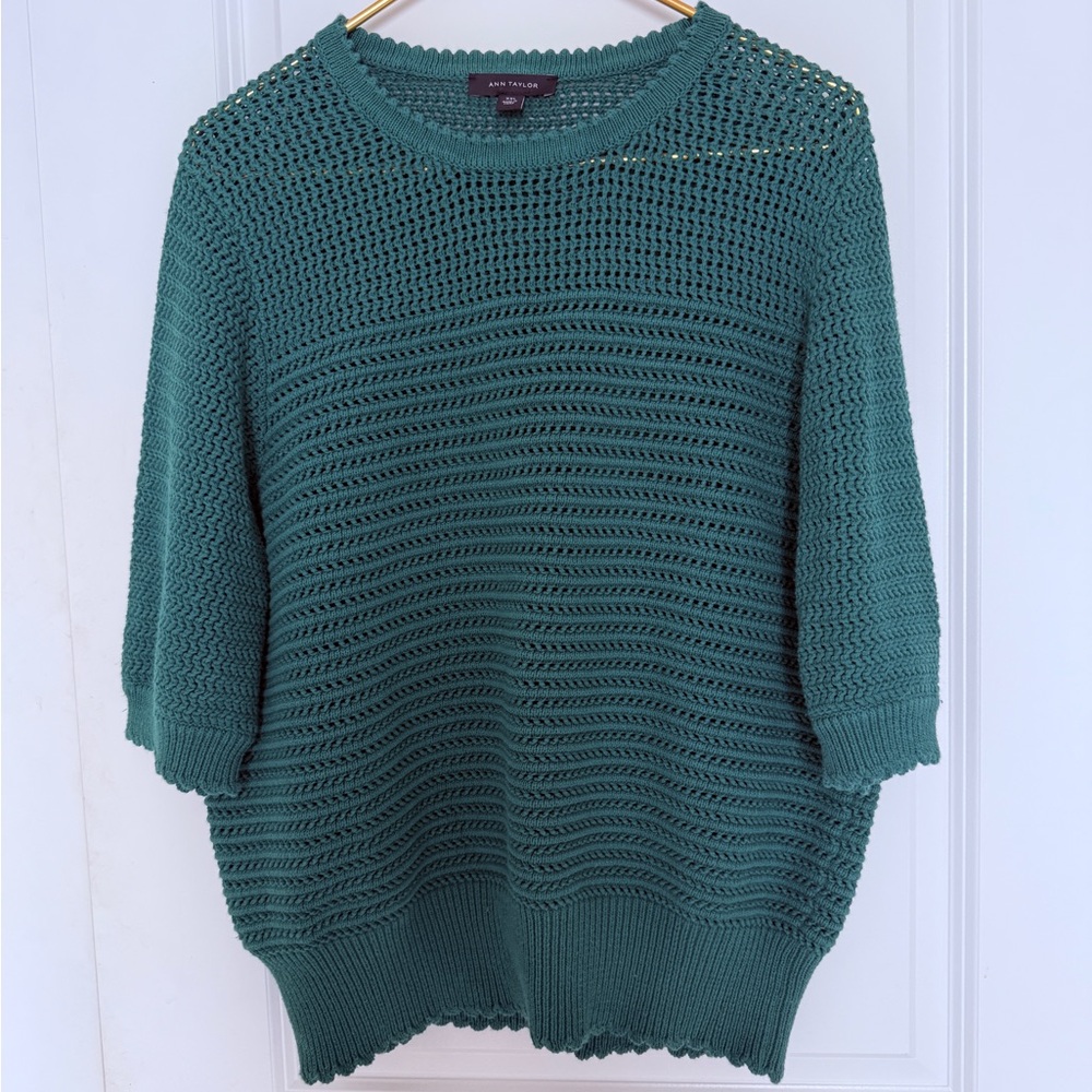 Ann Taylor XXL Green Short Sleeve Open Knit Sweater crochet scallop trim